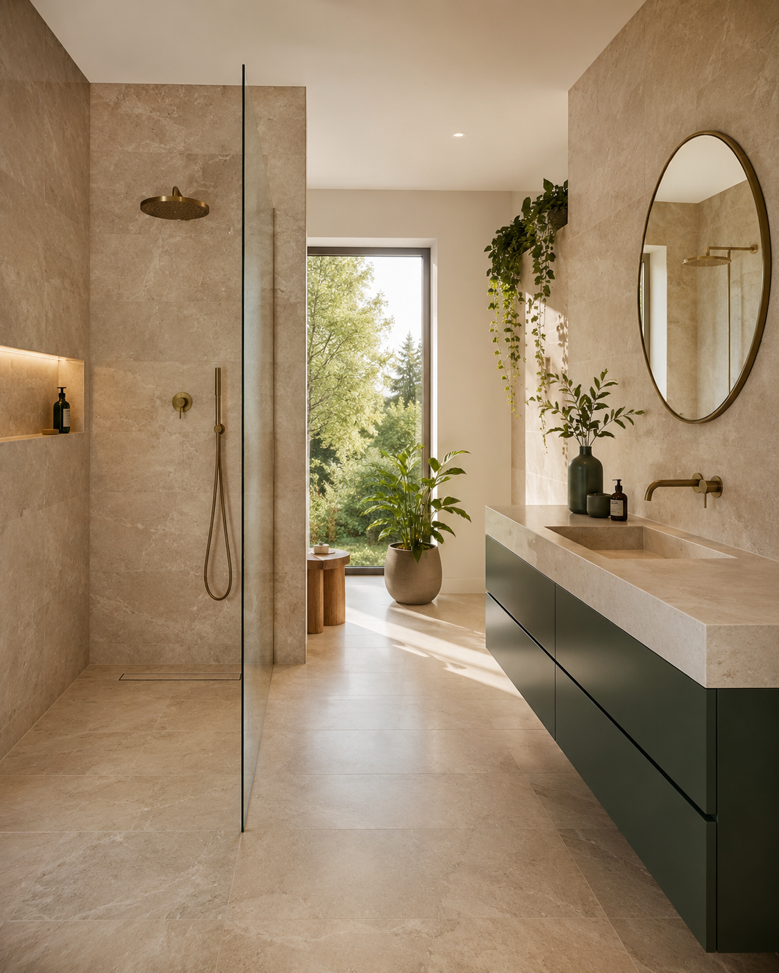 Modernes Badezimmer mit Natursteinfliesen, bodengleicher Dusche und grünem Waschtisch
